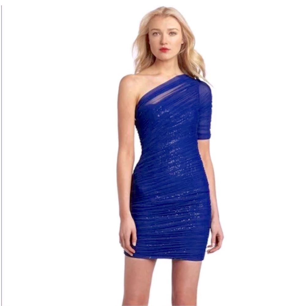BCBGMAXAZRIA Bojana Sequin Overlay One Shoulder Ruched Formal Dress